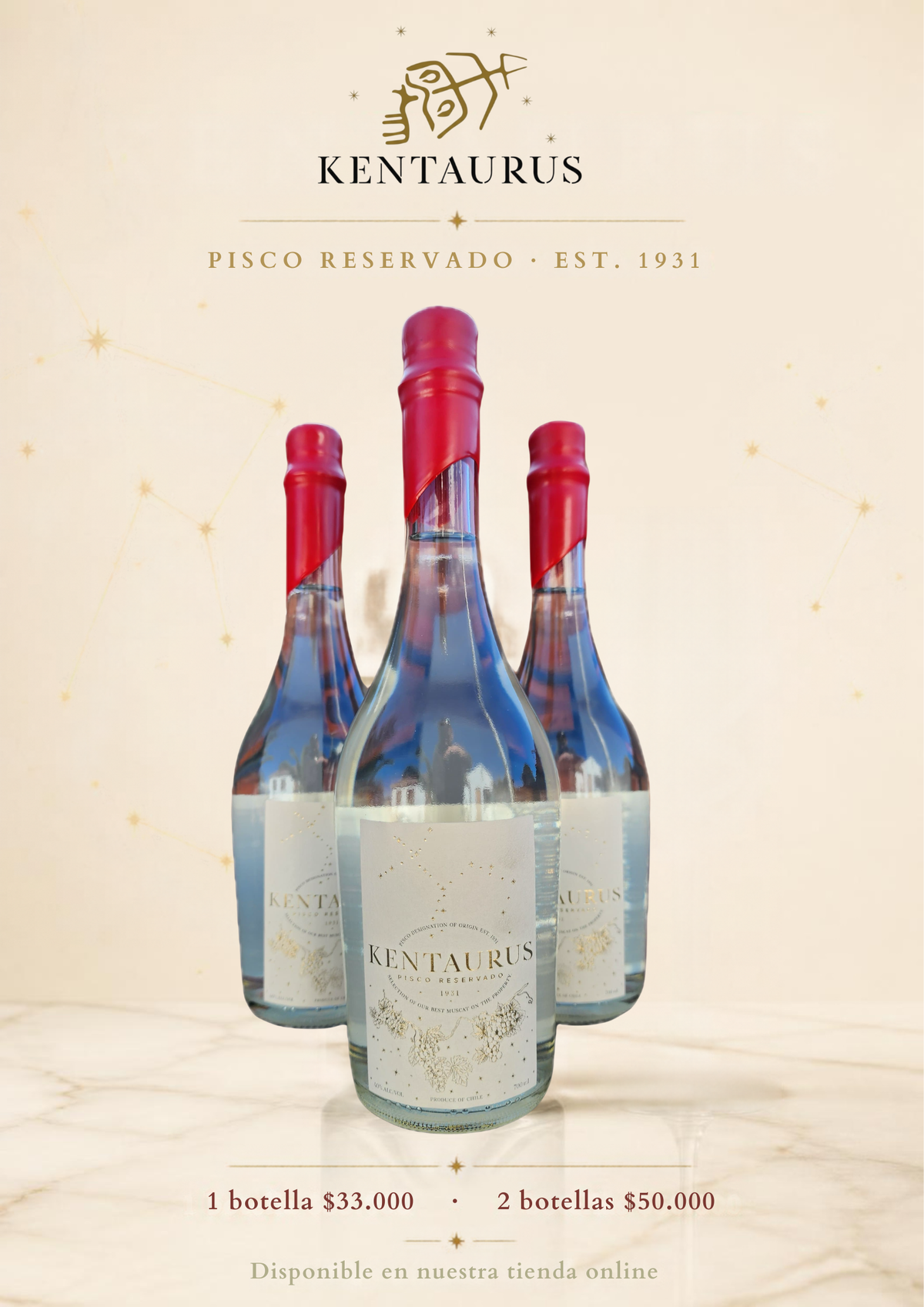 Botella de Pisco Kentaurus Moscatel Rosado 40°, pisco de autor de Coquimbo