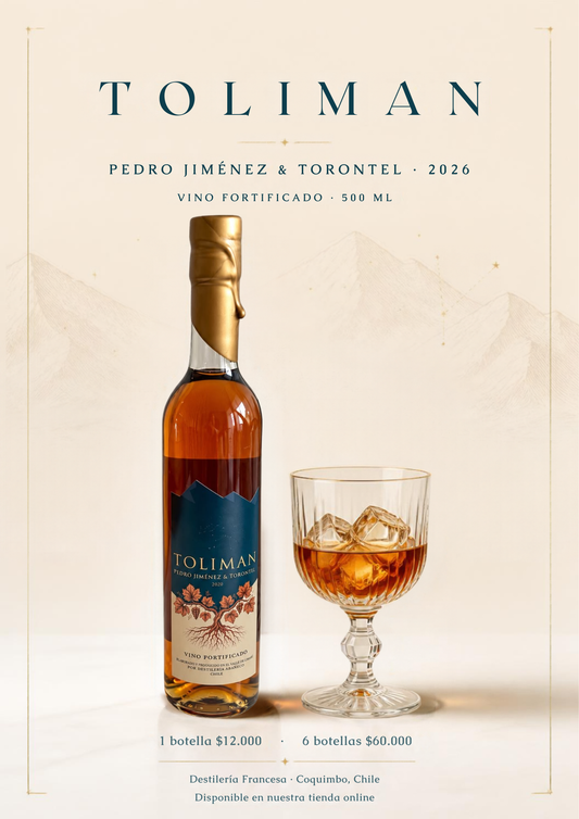 Botella de Toliman 22°, vino fortificado de Pedro Jiménez y Torontel